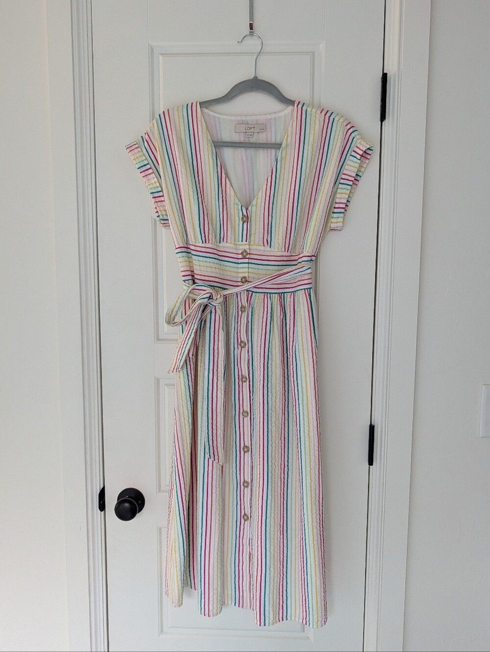 LOFT rainbow Striped Button-Front Midi Dress in White with Multicolor Stripes
